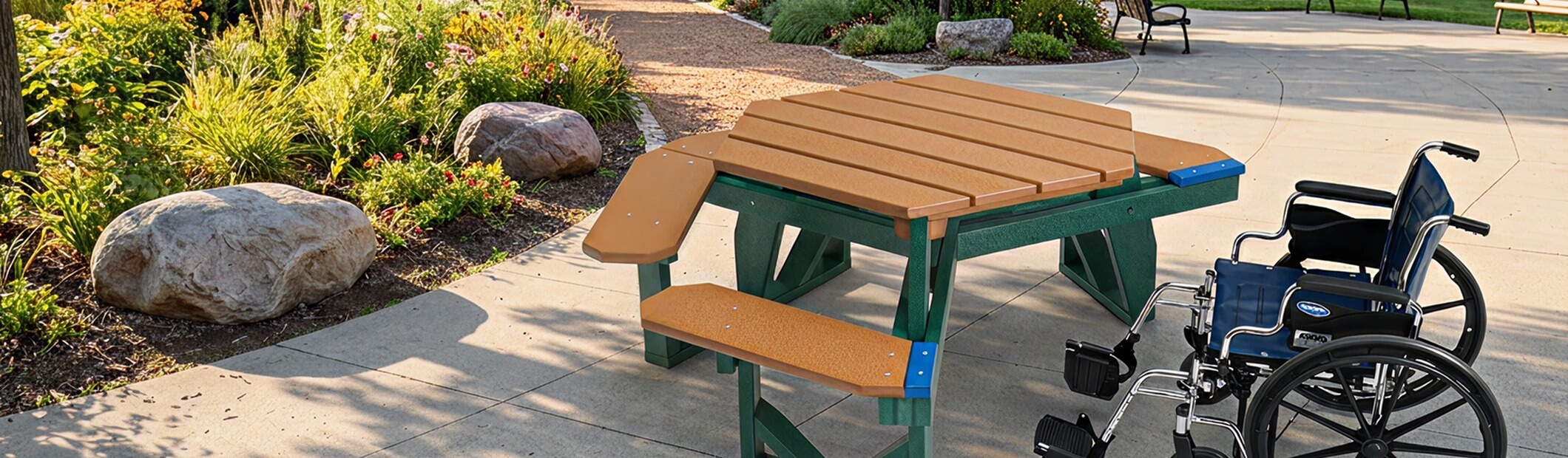 ADA-accessible picnic table with open-end wheelchair access