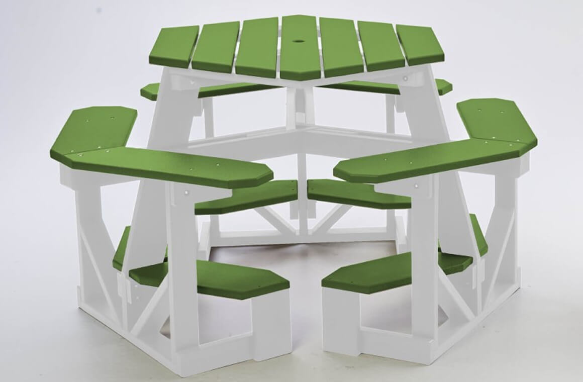 Green and white composite picnic table on a white background.