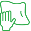 Green outlined icon of a hand using a wipe
