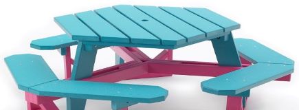 colorful picnic tables