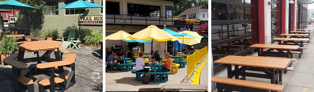 Various outdoor picnic tables