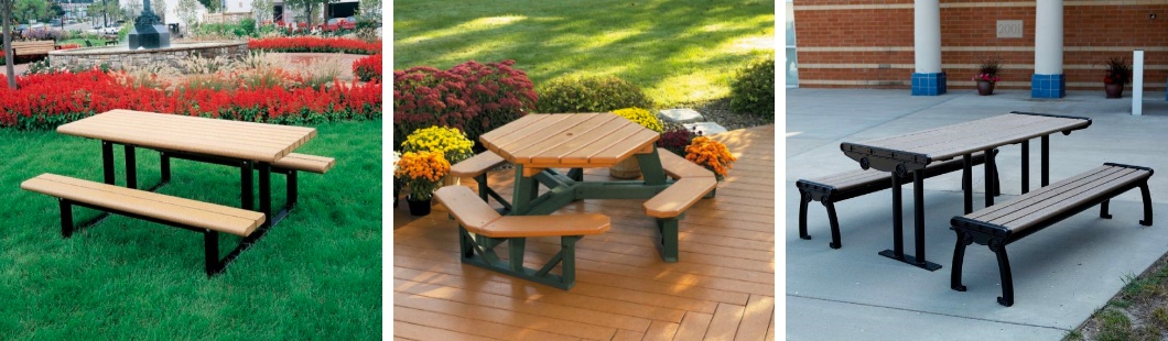Various outdoor picnic tables