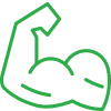 Green outlined icon of a strong arm